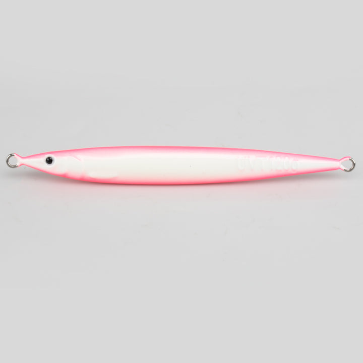 Shore Catch (Full Glow) Pink Bubble Gum UVT Tuna Jig unrigged, shown without hook